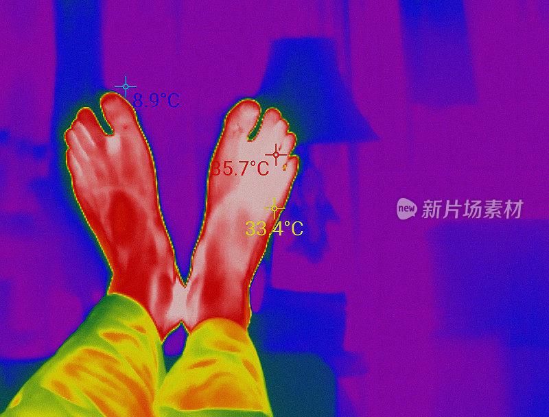 红外摄像机拍摄的人的脚，显示体温和房间内的热量。