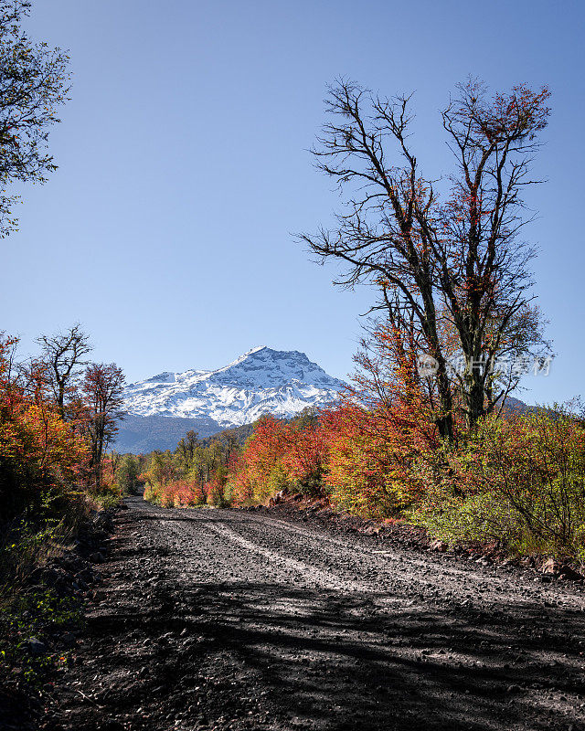 秋天通往积雪火山的砾石路