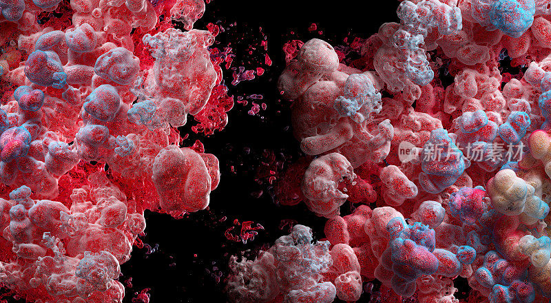 3D渲染抽象艺术与超现实的烟雾云爆炸飞溅结构的一部分，基于小气泡球粒子在哑光半透明塑料材料，内部红色发光