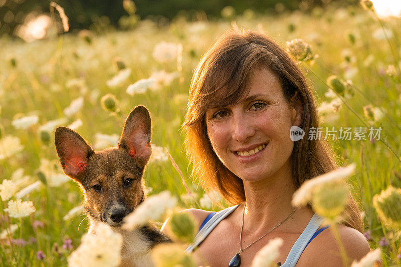 肖像，DOF:欢快的女士和小狗在盛开的野花中摆姿势