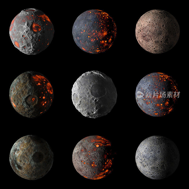 一组外星人热行星在黑色背景3d渲染。