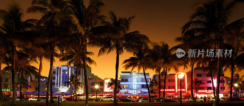 海洋大道的夜景，南海滩，迈阿密海滩，佛罗里达
