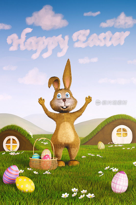 兔子指着“复活节快乐”的云朵