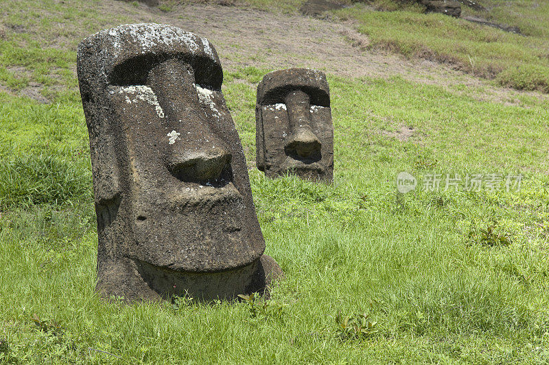 智利拉诺拉库复活节岛上的两尊摩埃石像