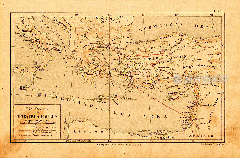 1895年德国圣经中使徒保罗的旅行路线
