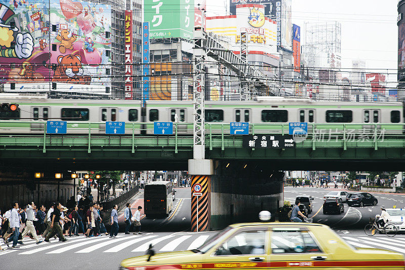 东京市景，繁忙的人行天桥和铁路立交桥，新宿，日本