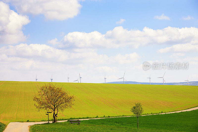 风力涡轮机公园后面的山与农业领域