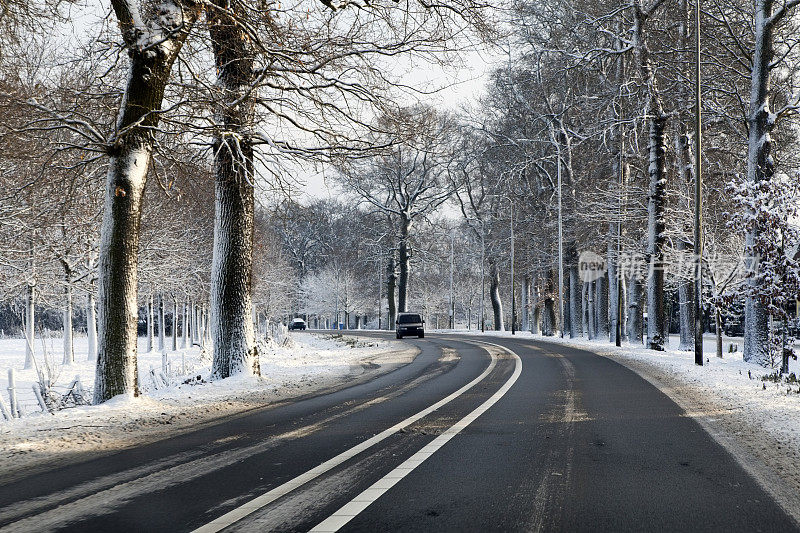 结冰的道路穿过冰雪覆盖的冬季景观