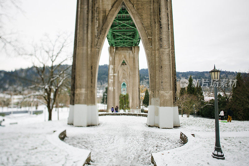 俄勒冈州波特兰市历史上著名的圣约翰桥正在下雪