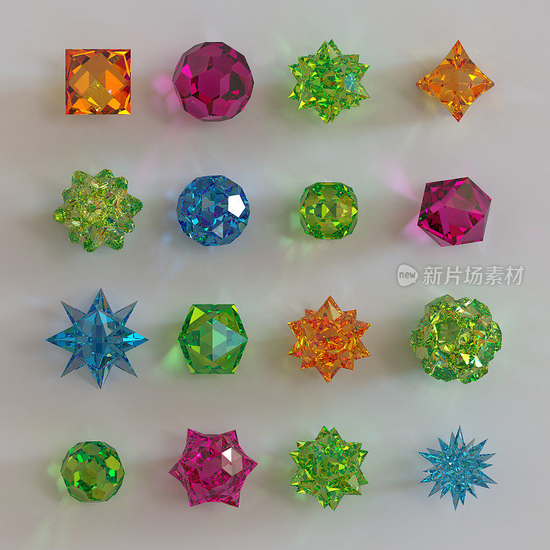3d抽象几何形状，玻璃彩虹珠，水晶，宝石和珠宝