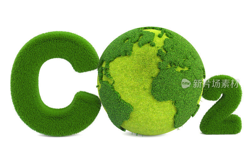 CO2从草上刻有地球仪、生态概念。3D渲染孤立的白色背景