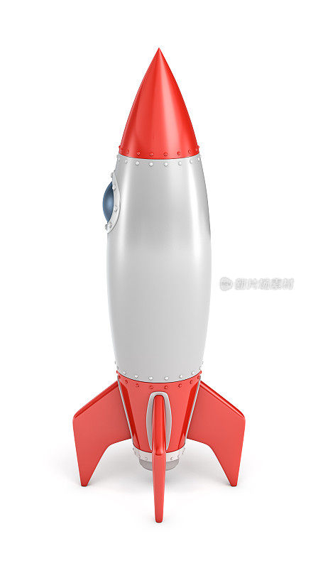 一个银色和红色的火箭船的3d渲染与一个圆形的舷窗站在一个白色的背景