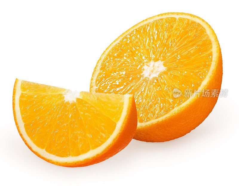 半片新鲜橙子，分离在白色上