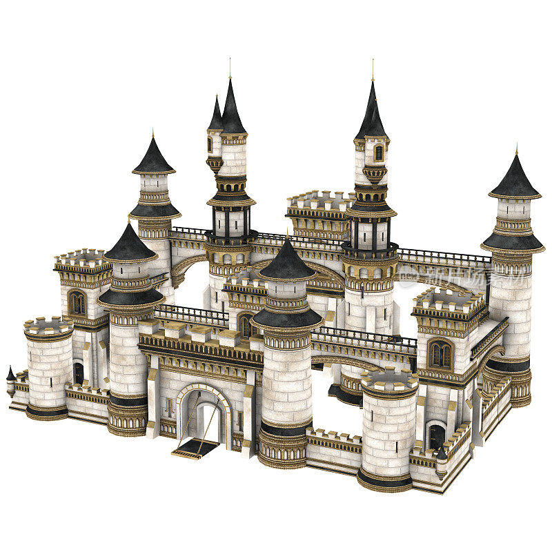 3D渲染童话城堡在白色