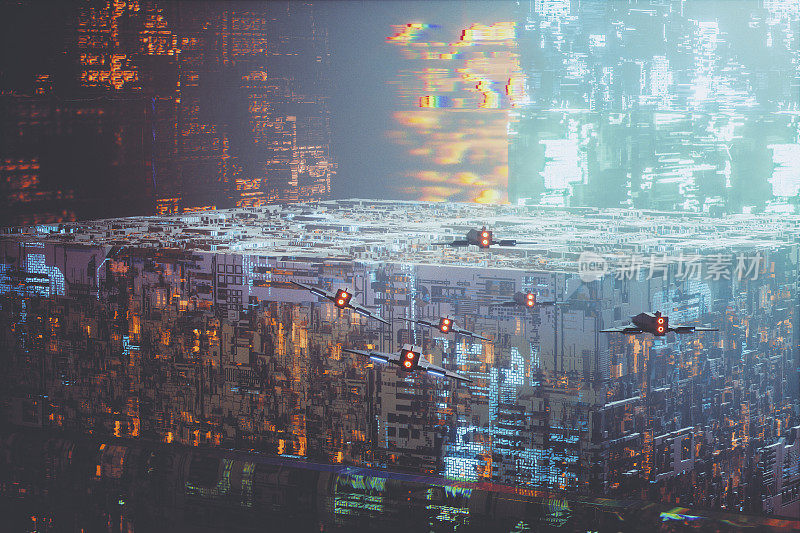 宇宙飞船接近未来的城市结构