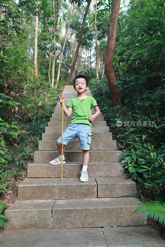 孩子们在风景如画的山上徒步旅行