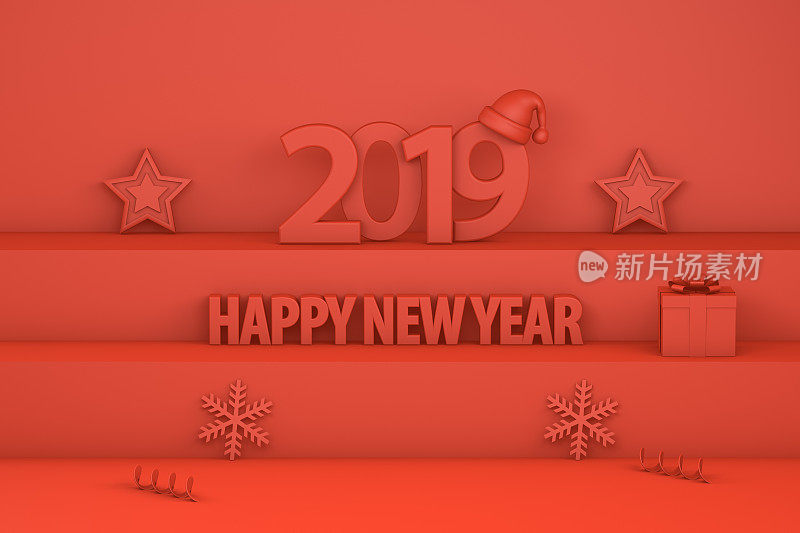 2019年新年，楼梯上有圣诞帽，红色背景上有简约圣诞概念