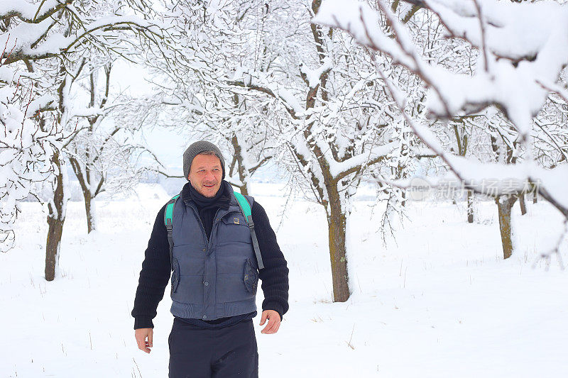 成年男子徒步旅行者戴着针织帽徒步在下雪的冬天的自然