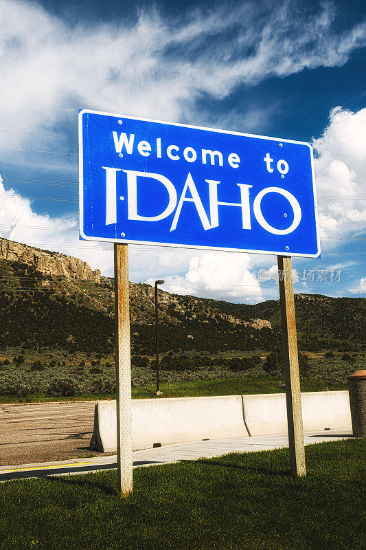 欢迎标志，州边界，爱达荷州和犹他州，美国
