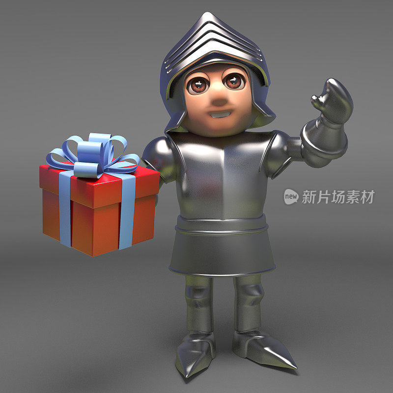 勇敢的中世纪骑士在盔甲拿着礼物包装的礼物，3d插图