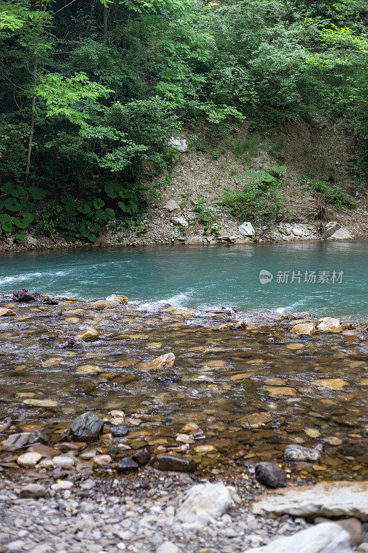 俄罗斯索契霍斯塔区高加索生物圈保护区紫杨树林热门旅游路线上的蓝山河