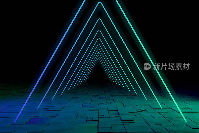 紫外氖激光发光三角形线，光隧道，抽象三维背景