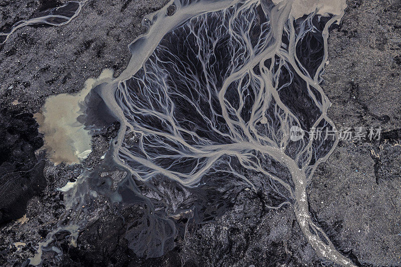 从直升飞机上拍摄的冰岛梦幻般的美景，流动的冰川河流