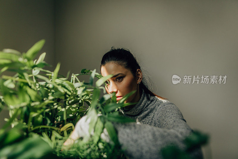 年轻女子独自在家整理植物