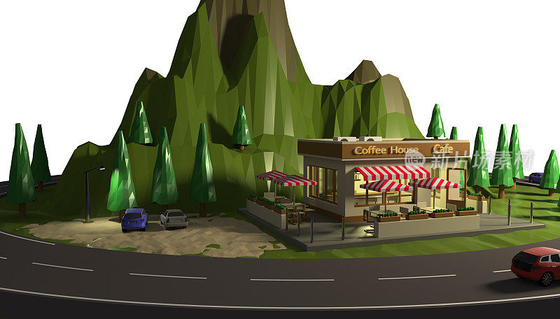 一个路边咖啡馆的3D渲染，一个在山路上的咖啡馆。