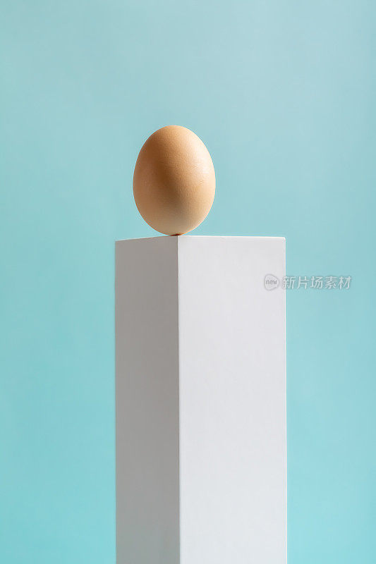 整只鸡蛋放在浅蓝色的背景上。鸡蛋平衡在白色基座上。