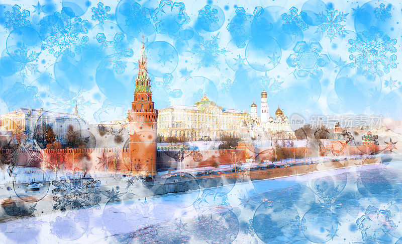 新年双重曝光背景从日落克里姆林宫在莫斯科附近的冰河在冬天的红墙