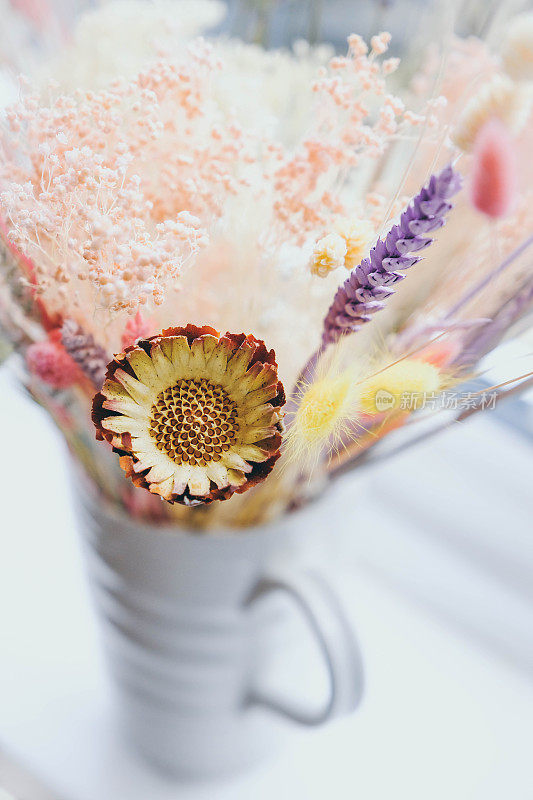 近距离拍摄的一束干花与干枯的protea在美丽柔和的颜色