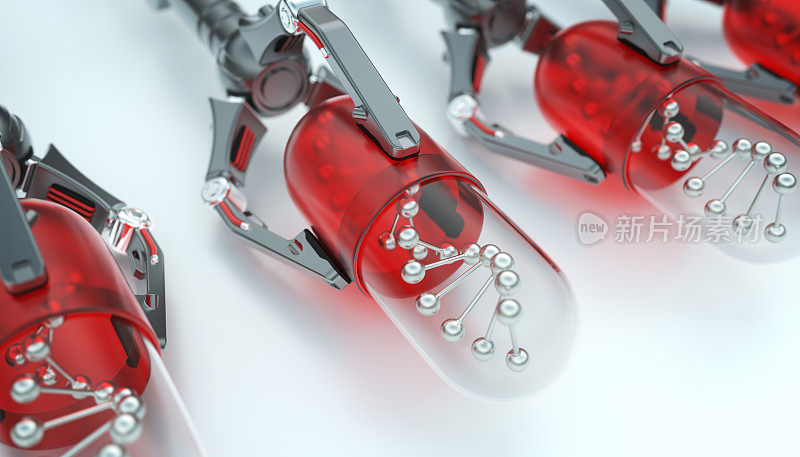 机器人手臂上有带有DNA结构的红色胶囊