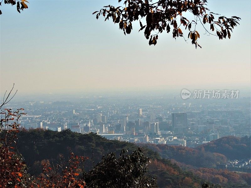 日本。12月。大田市的全景从邻居的山。