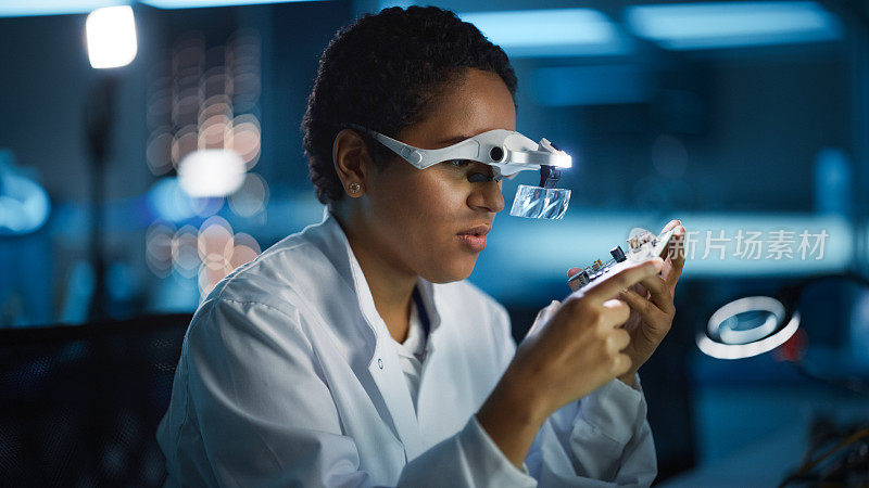 现代电子研究和开发设施:美丽的黑色女工程师检查印刷电路板主板。科学家设计工业PCB，硅微芯片，半导体