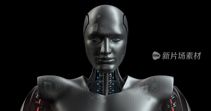 超级仿生机器人头。大数据正在加载。人工智能人形。