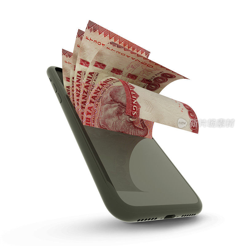 手机内坦桑尼亚先令纸币的3D渲染