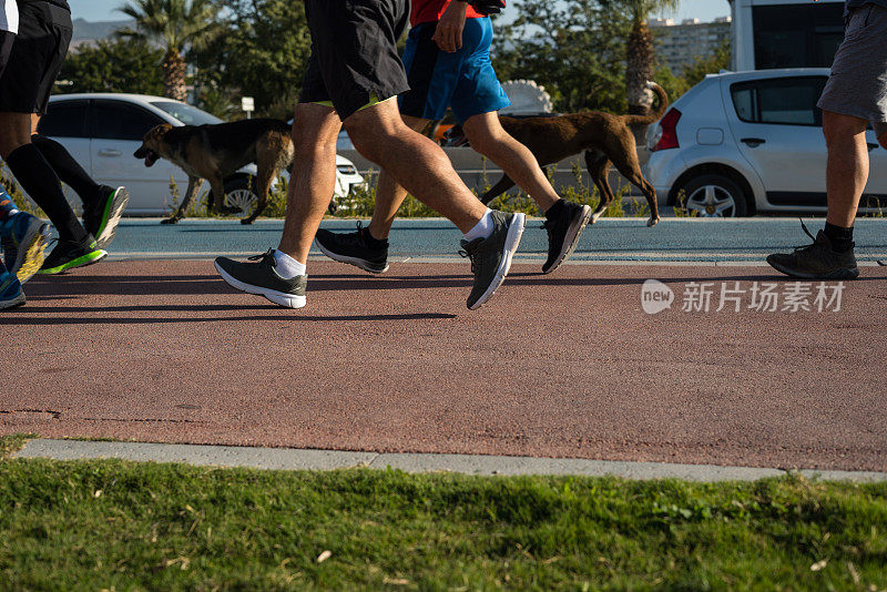 男人在奔跑，关注前景，两只狗在背景