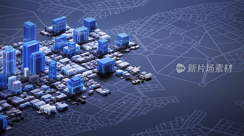 商业区抽象模型在黑暗的背景与城市地图和3D建筑，鸟瞰图与复制空间在右侧