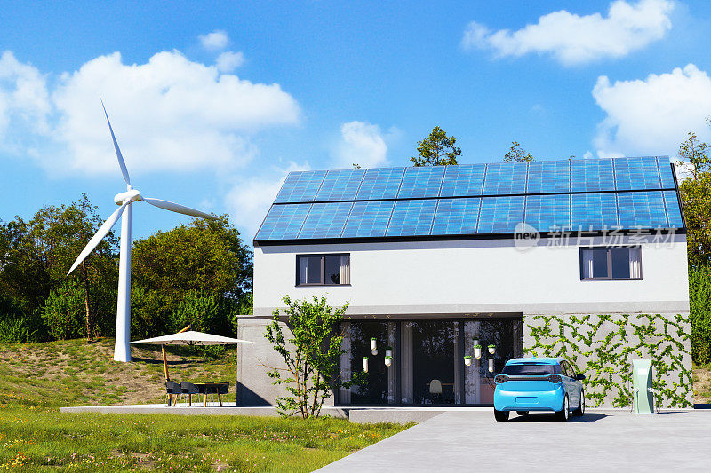带有太阳能光伏屋顶板和风力涡轮机的现代房屋