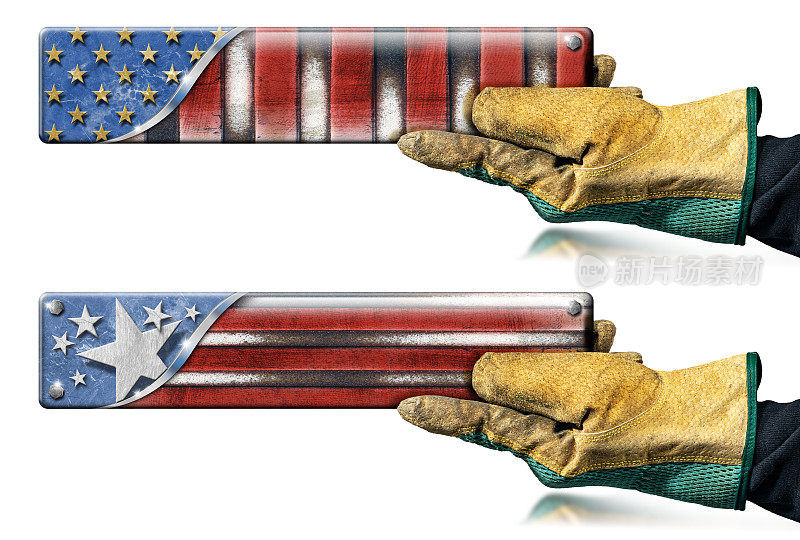 戴着手套的手握着美国金属国旗