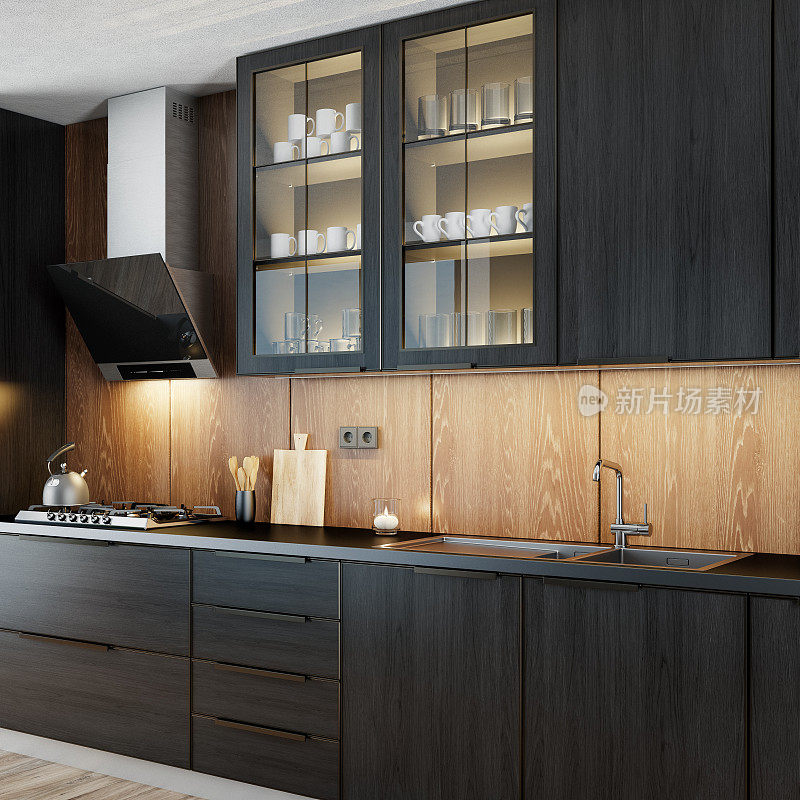 现代极简复古风格的厨房与深色材料。橡木深色木材。