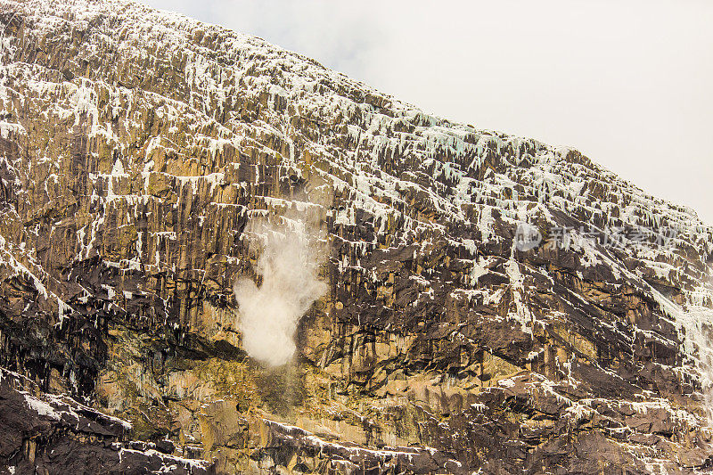 雪崩。挪威约斯达尔斯布林国家公园。Briksdalsbreen冰川。北方的气候。山脉。春天