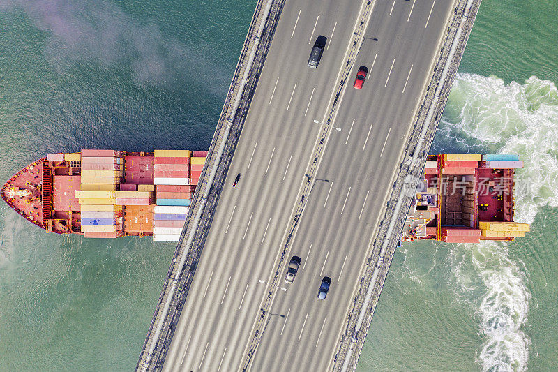 一艘集装箱货轮从桥下通过的鸟瞰图。伊斯坦布尔海峡。