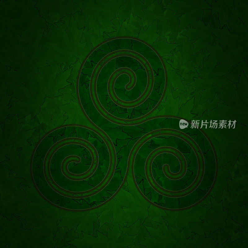 绿叶子背景上的三叉戟-三叉戟-凯尔特螺旋-古代神圣的象征