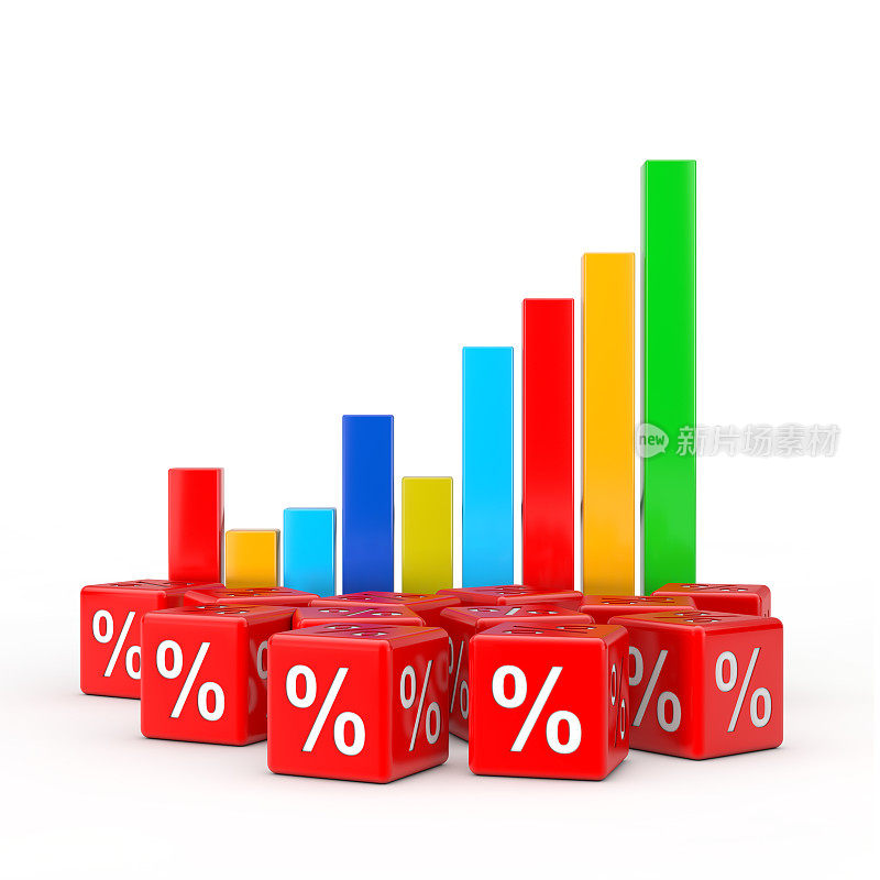 统计业务信息图条形图图形图与堆折扣销售百分比立方体。3d渲染