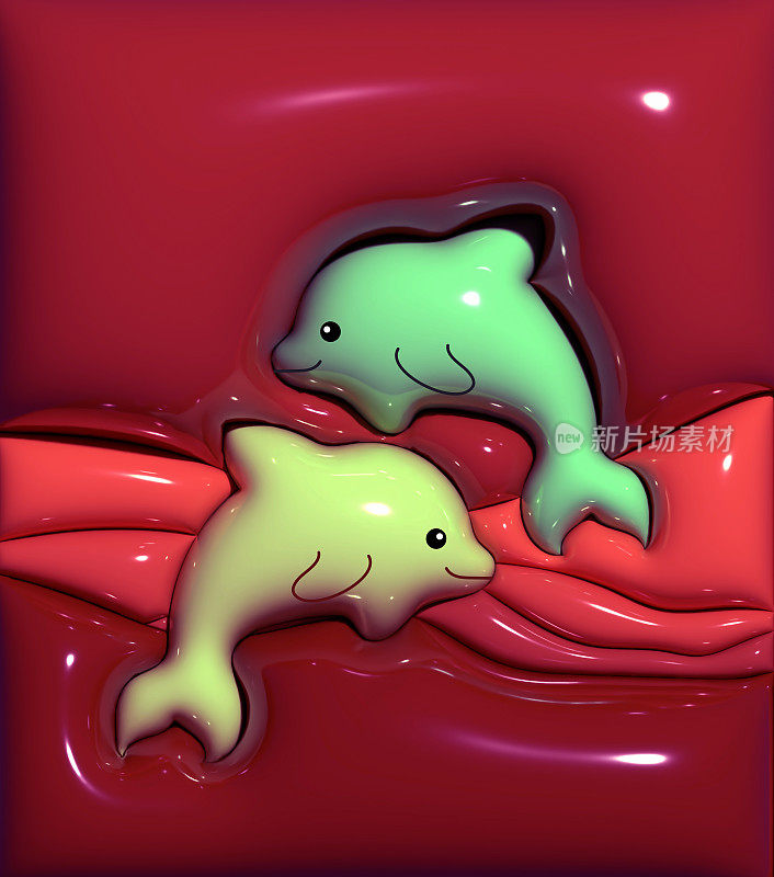 三维充气效果可爱的海豚图案插画背景