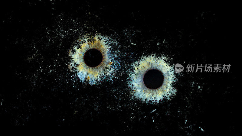 人眼碰撞在黑色背景下的星系爆炸效应。用黄、橙、棕色颜料拍摄的蓝色和绿色虹膜特写。结构性剖析。虹膜的细节。眼睛捕手。