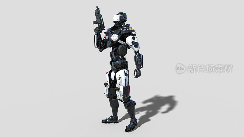 警察机器人，执法机器人，带枪的机器人警察，白色背景，3D渲染