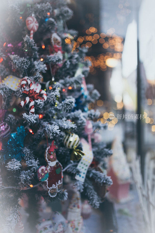 霜雪圣诞树窗户展示假日装饰背景拷贝空间